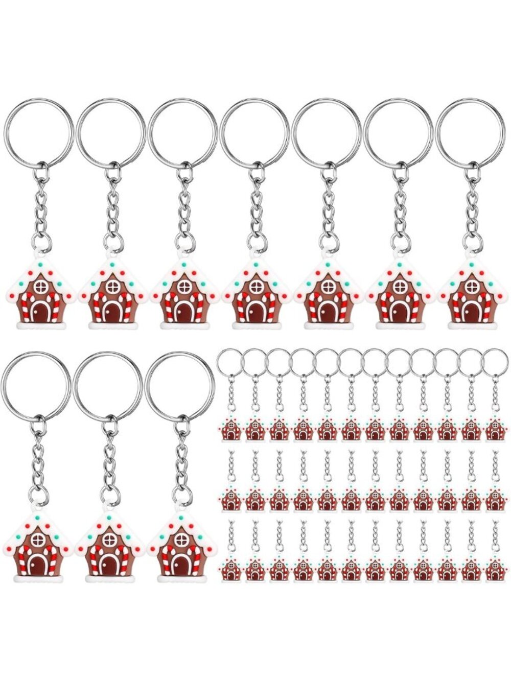 50 Pcs Christmas Gingerbread House Keychains & Candy Cane Keyrings - Bulk Set